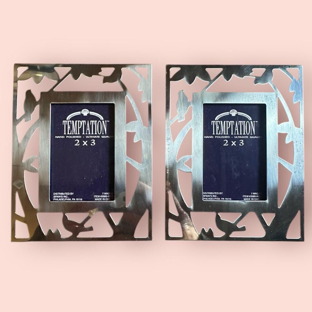 Vtg Ornate Silver Polished Art Picture Frames Easel 2x3 Set Bird Nature Trees